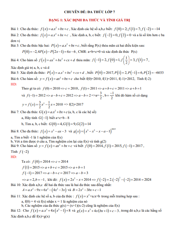 Chuyên đề đa thức bồi dưỡng học sinh giỏi Toán 7