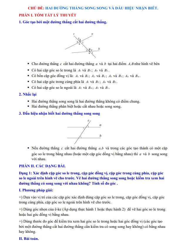 Chuyên đề hai đường thẳng song song và dấu hiệu nhận biết Toán 7