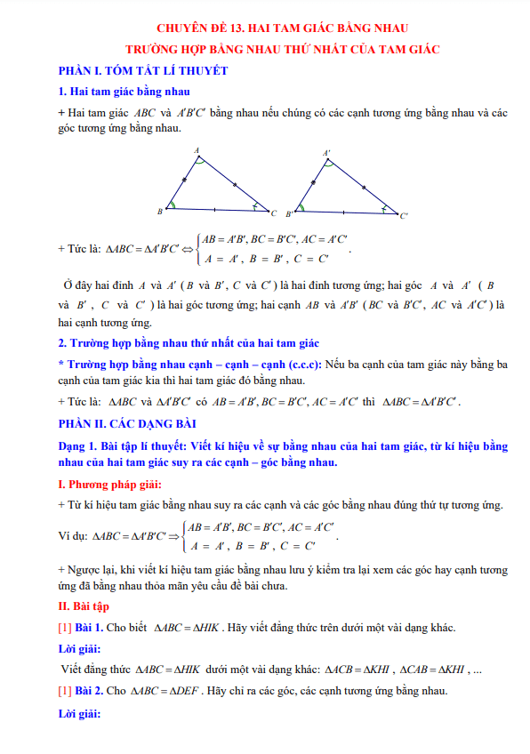 Chuyên đề hai tam giác bằng nhau, trường hợp bằng nhau thứ nhất của tam giác Toán 7