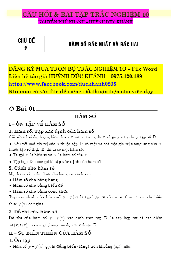 Chuyên đề hàm số bậc nhất và bậc hai – Huỳnh Đức Khánh