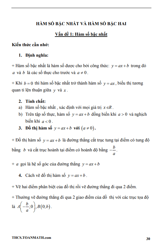 Chuyên đề hàm số bậc nhất và hàm số bậc hai ôn thi vào lớp 10