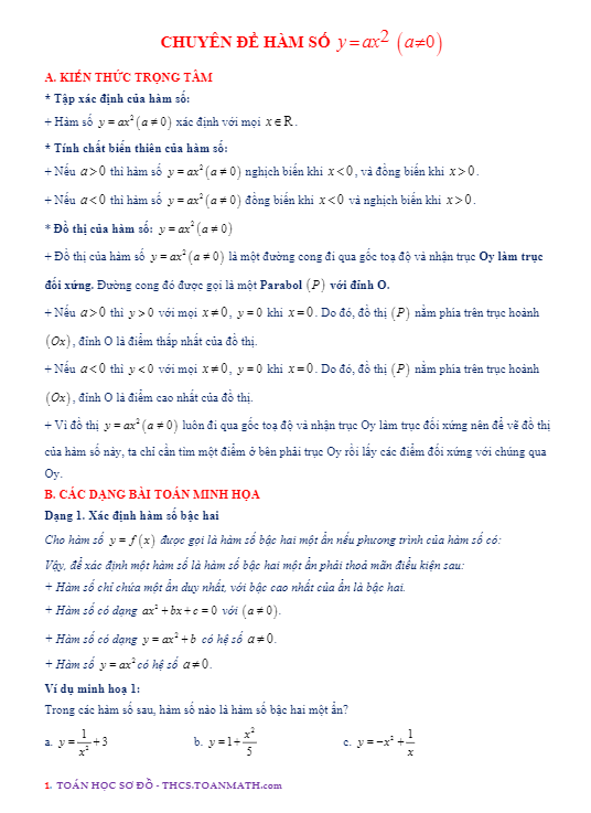 Chuyên đề hàm số $y = a{x^2}$ $left( {a ne 0} right)$