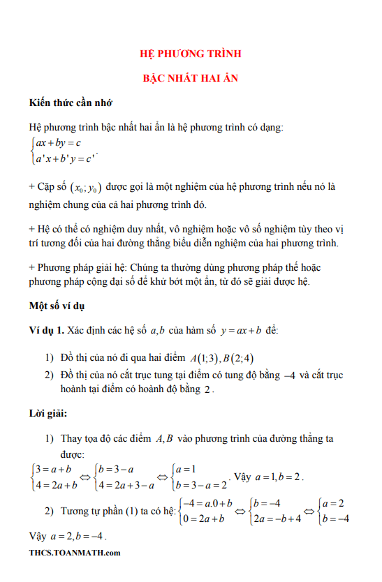 Chuyên đề hệ phương trình bậc nhất hai ẩn ôn thi vào lớp 10