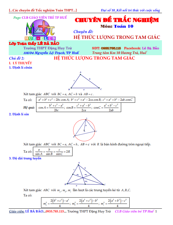 Chuyên đề hệ thức lượng trong tam giác – Lê Bá Bảo