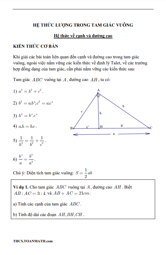 Chuyên đề hệ thức lượng trong tam giác vuông ôn thi vào lớp 10
