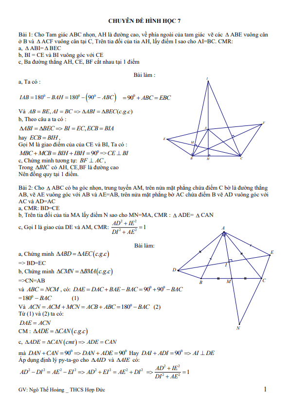 Chuyên đề hình học bồi dưỡng học sinh giỏi Toán 7
