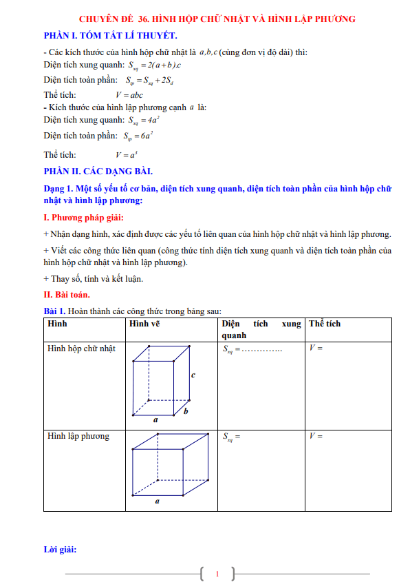 Chuyên đề hình hộp chữ nhật và hình lập phương Toán 7