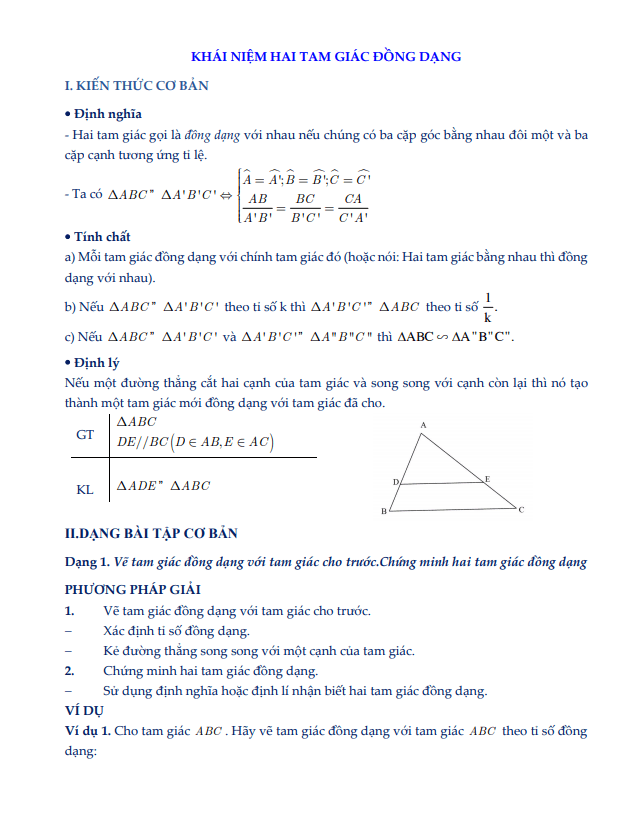 Chuyên đề khái niệm hai tam giác đồng dạng
