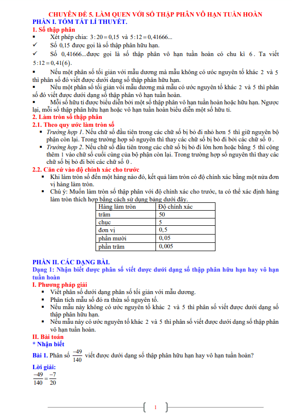 Chuyên đề làm quen với số thập phân vô hạn tuần hoàn Toán 7