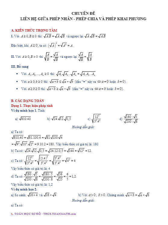 Chuyên đề liên hệ giữa phép nhân – phép chia và phép khai phương