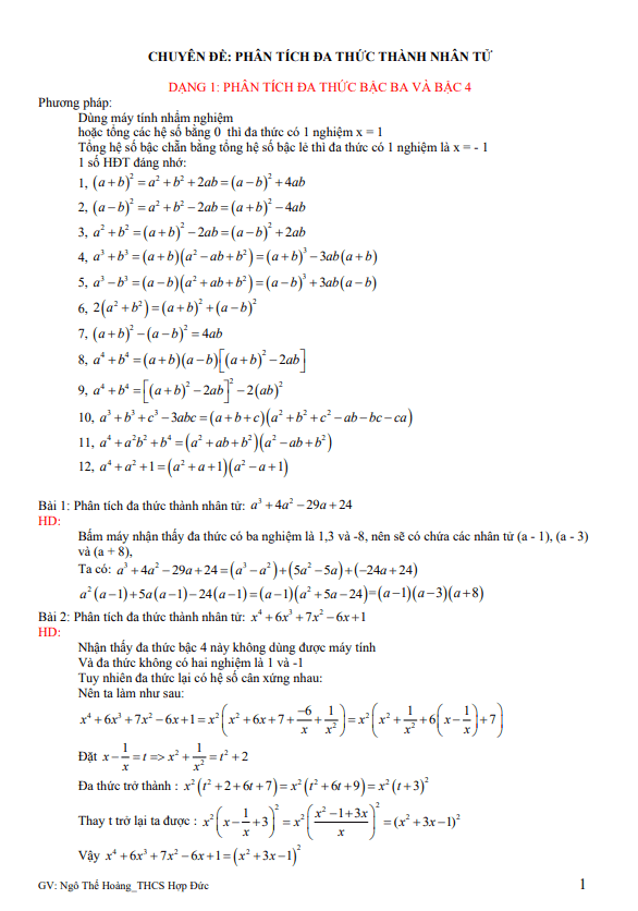 Chuyên đề phân tích đa thức thành nhân tử bồi dưỡng học sinh giỏi Toán 8