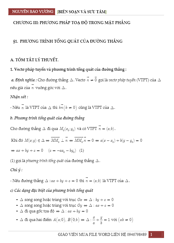 Chuyên đề phương pháp tọa độ trong mặt phẳng – Nguyễn Bảo Vương