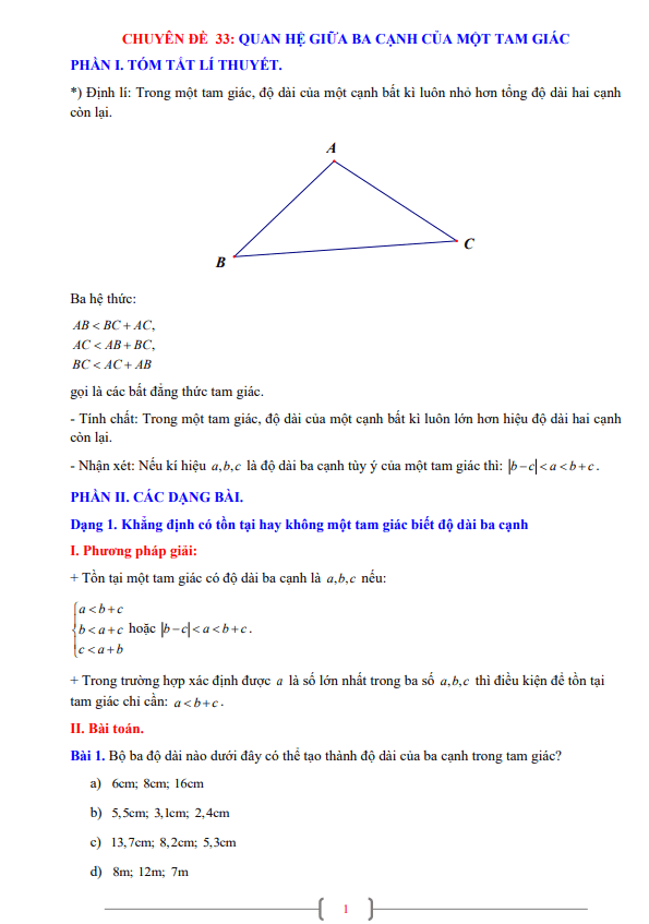 Chuyên đề quan hệ giữa ba cạnh của một tam giác Toán 7