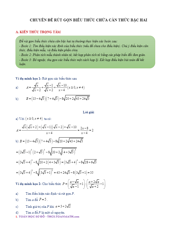 Chuyên đề rút gọn biểu thức chứa căn thức bậc hai