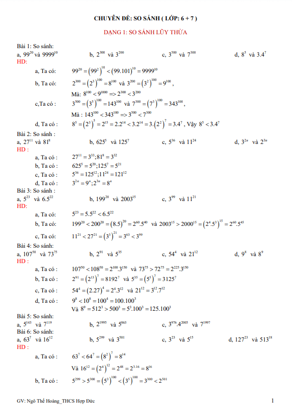 Chuyên đề so sánh bồi dưỡng học sinh giỏi Toán 6 – 7
