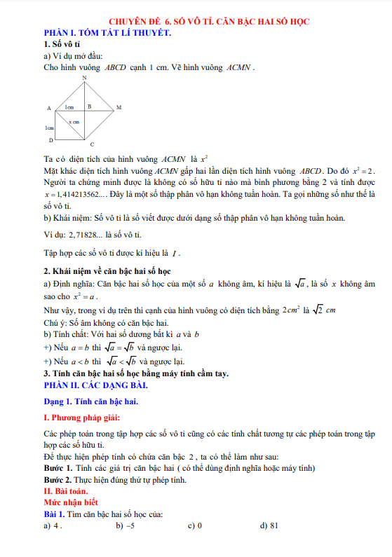 Chuyên đề số vô tỉ, căn bậc hai số học Toán 7