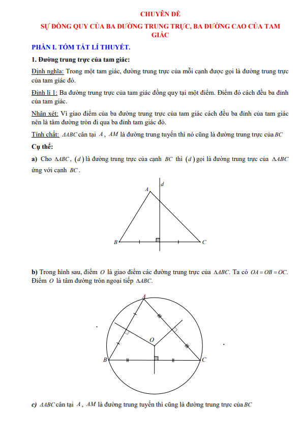 Chuyên đề sự đồng quy của ba đường trung trực, ba đường cao trong một tam giác Toán 7