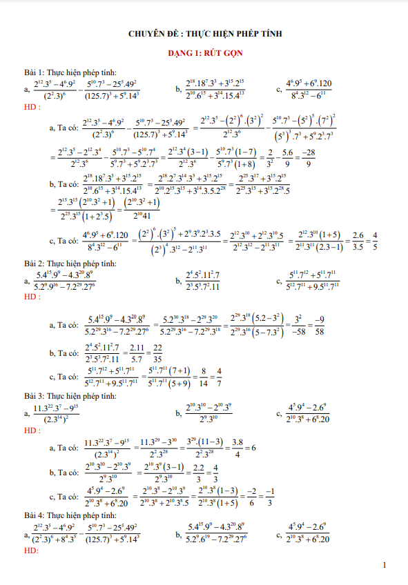 Chuyên đề thực hiện phép tính bồi dưỡng học sinh giỏi Toán 6 – 7