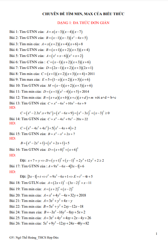 Chuyên đề tìm GTLN – GTNN của biểu thức bồi dưỡng học sinh giỏi Toán 8
