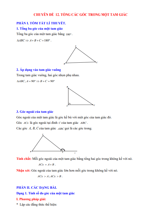 Chuyên đề tổng các góc trong một tam giác Toán 7