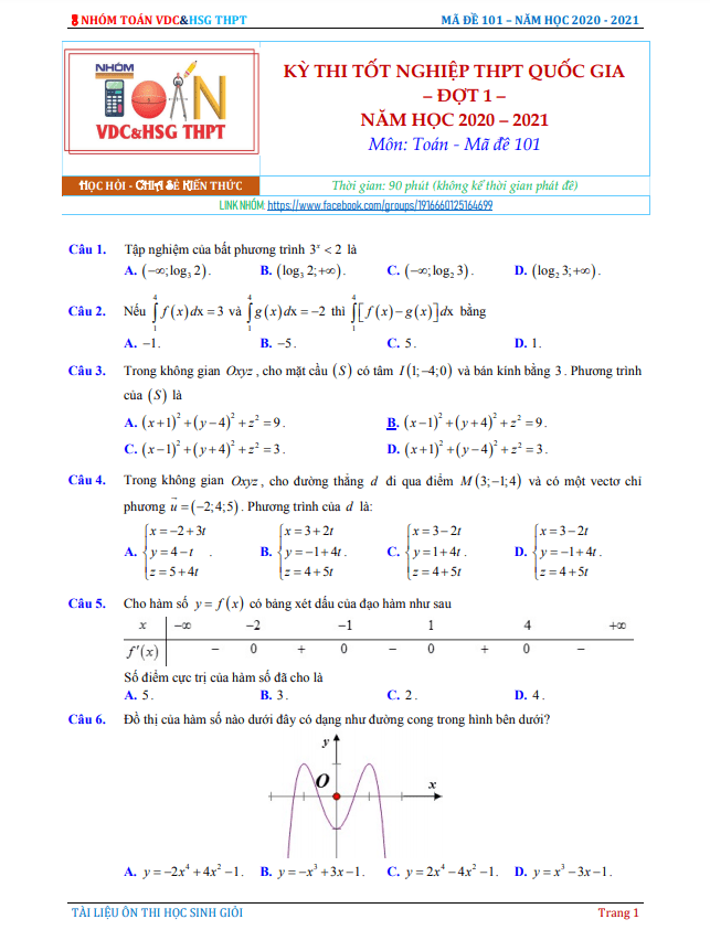 Đáp án và lời giải chi tiết đề thi chính thức tốt nghiệp THPT 2021 môn Toán