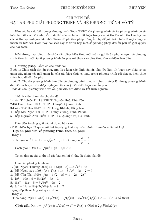 Đặt ẩn phụ để giải Phương trình – Hệ phương trình – Trần Trí Quốc