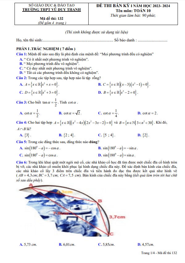 Đề bán kì 1 Toán 10 năm 2023 – 2024 trường THPT Vũ Duy Thanh – Ninh Bình
