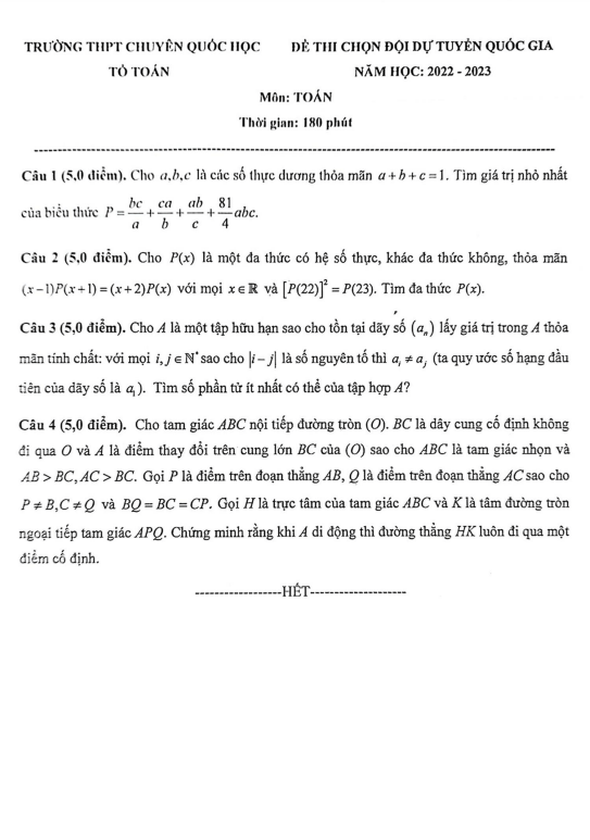 Đề chọn đội dự tuyển QG môn Toán năm 2022 – 2023 trường chuyên Quốc học Huế