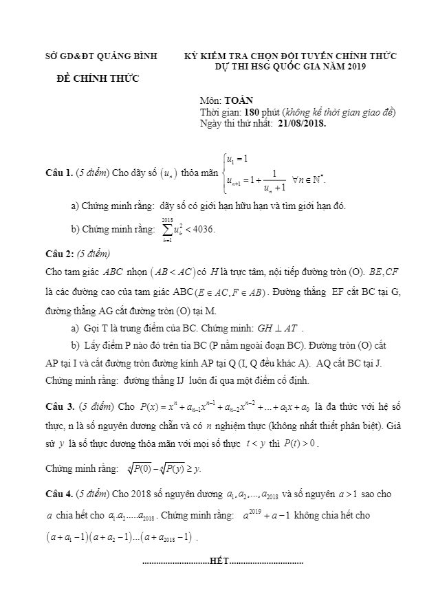 Đề chọn đội tuyển dự HSG Quốc gia 2019 môn Toán sở GD và ĐT Quảng Bình