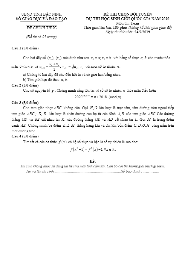 Đề chọn đội tuyển dự thi HSG Quốc gia 2020 môn Toán sở GD&ĐT Bắc Ninh