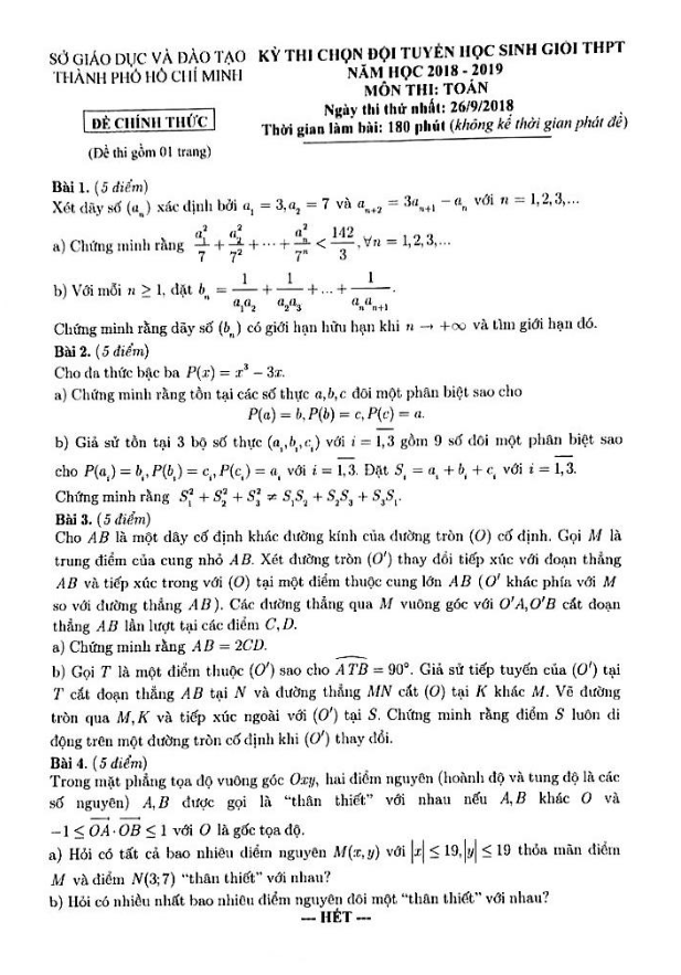 Đề chọn đội tuyển học sinh giỏi Toán năm 2018 – 2019 sở GD và ĐT TP. HCM