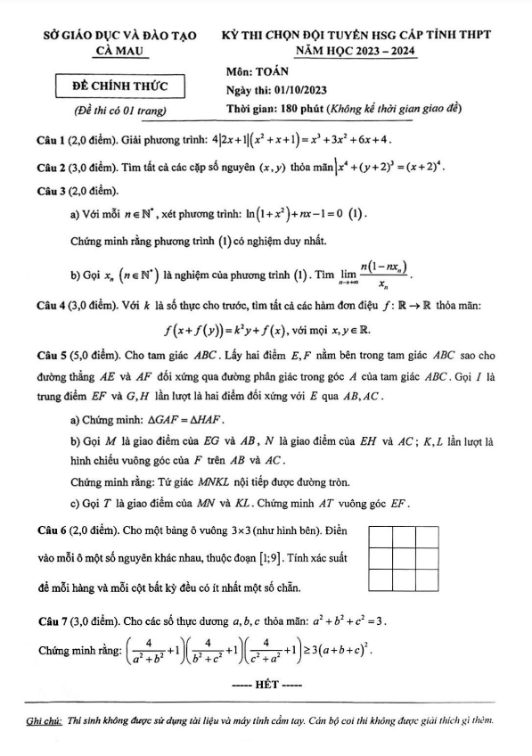 Đề chọn đội tuyển HSG cấp tỉnh Toán THPT năm 2023 – 2024 sở GD&ĐT Cà Mau