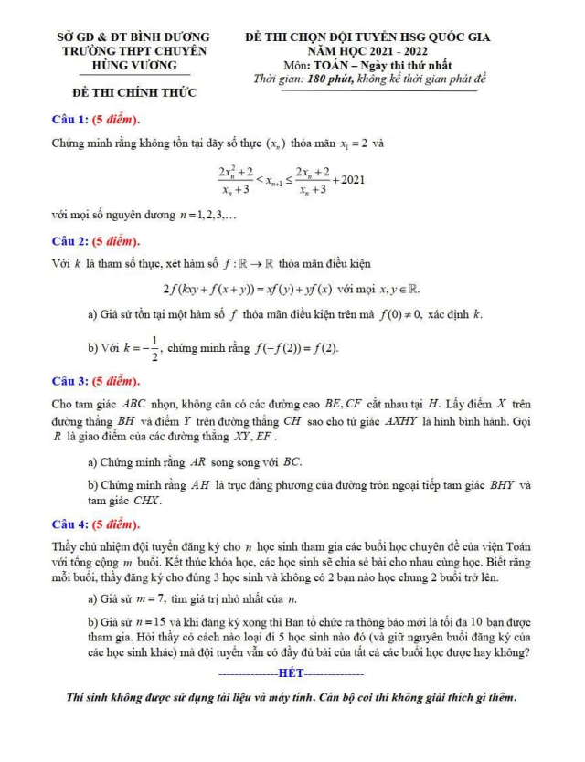 Đề chọn đội tuyển HSG QG môn Toán năm 2022 trường chuyên Hùng Vương – Bình Dương