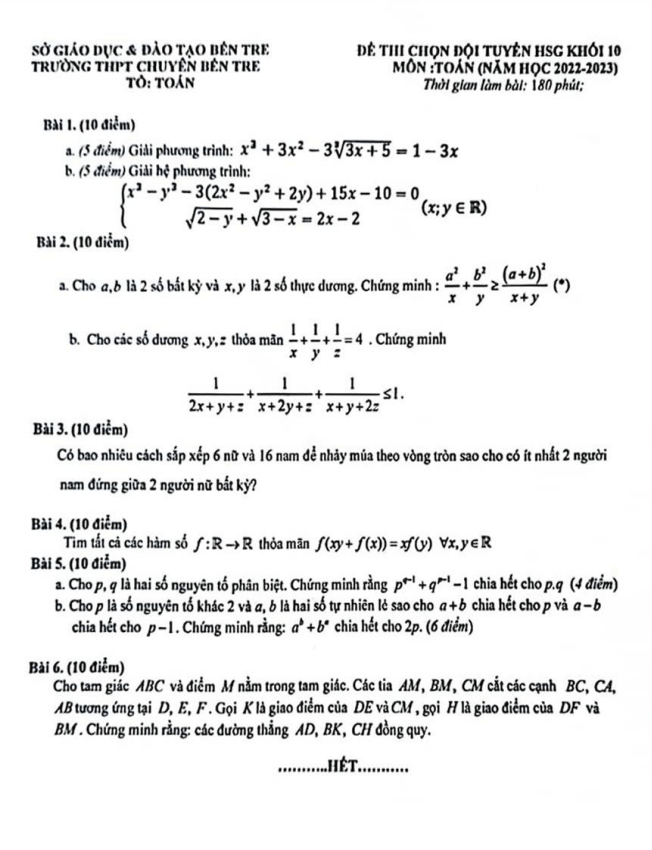 Đề chọn đội tuyển HSG Toán 10 năm 2022 – 2023 trường THPT chuyên Bến Tre