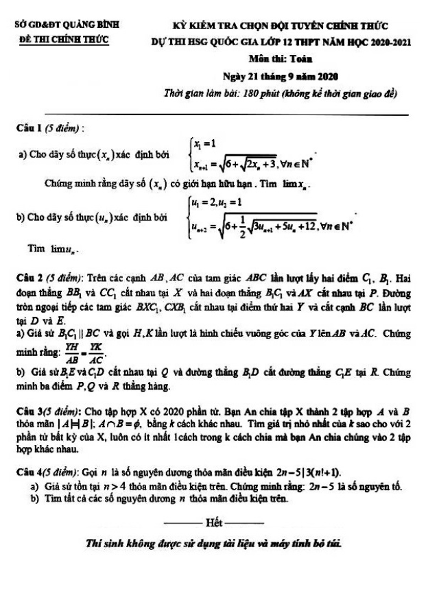 Đề chọn đội tuyển HSG Toán 12 năm học 2020 – 2021 sở GD&ĐT Quảng Bình