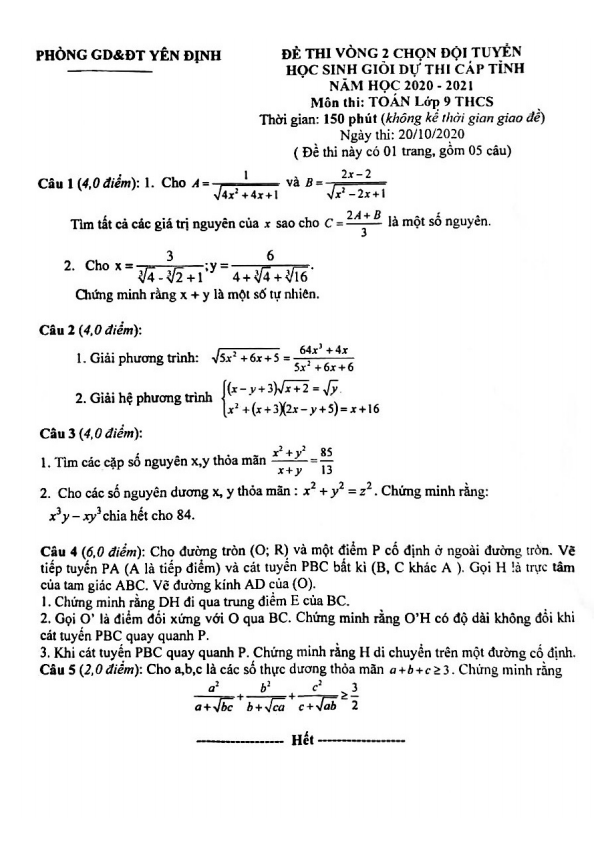 Đề chọn đội tuyển HSG Toán 9 năm 2020 – 2021 phòng GD&ĐT Yên Định – Thanh Hóa (vòng 2)