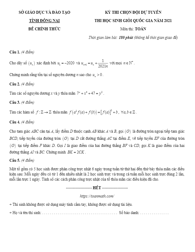 Đề chọn đội tuyển HSG Toán năm 2021 sở GD&ĐT tỉnh Đồng Nai