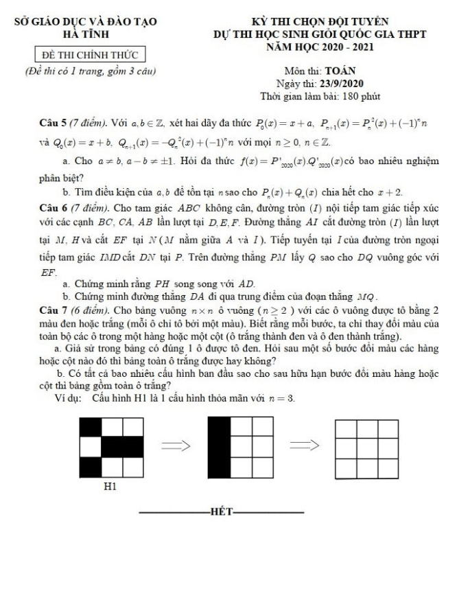 Đề chọn đội tuyển HSG Toán THPT năm 2020 – 2021 sở GD&ĐT Hà Tĩnh