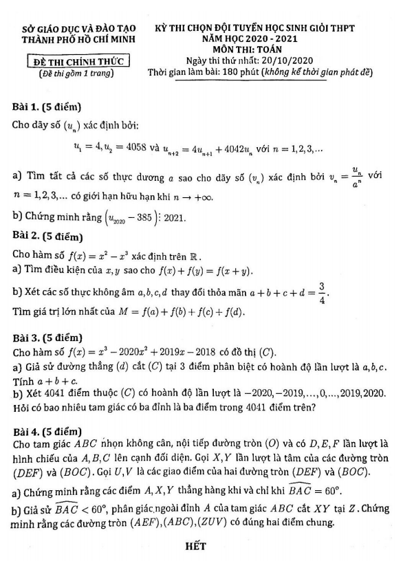 Đề chọn đội tuyển HSG Toán THPT năm 2020 – 2021 sở GD&ĐT TP HCM