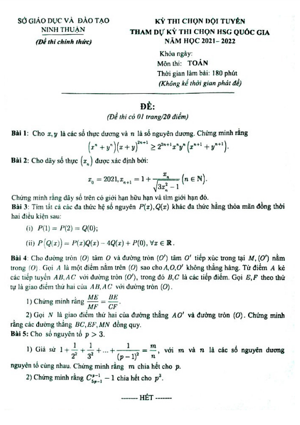 Đề chọn đội tuyển thi HSG QG môn Toán năm 2021 – 2022 sở GD&ĐT Ninh Thuận