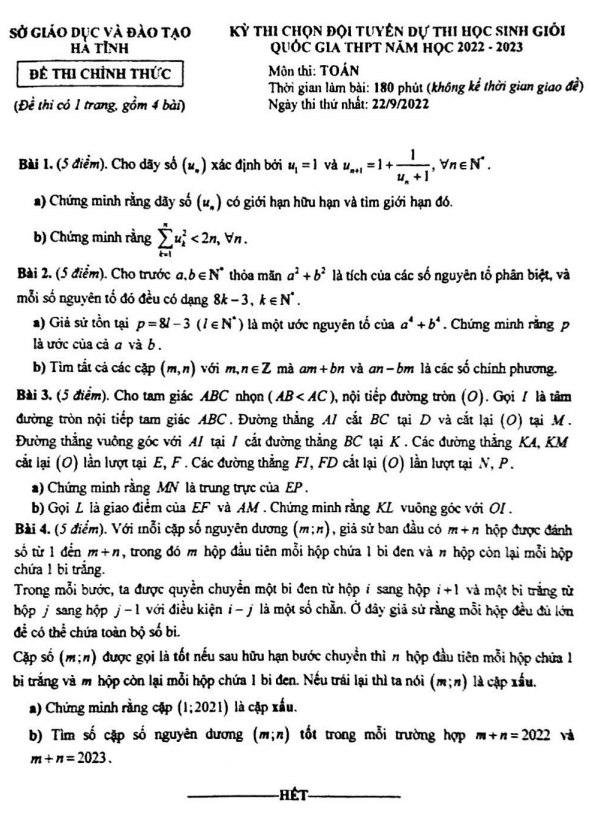 Đề chọn đội tuyển thi HSG QG môn Toán năm 2022 – 2023 sở GD&ĐT Hà Tĩnh