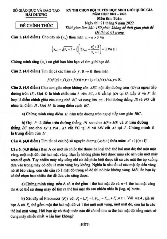 Đề chọn đội tuyển thi HSG QG môn Toán năm 2022 – 2023 sở GD&ĐT Hải Dương