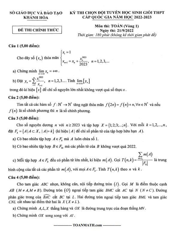 Đề chọn đội tuyển thi HSG QG môn Toán năm 2022 – 2023 sở GD&ĐT Khánh Hòa