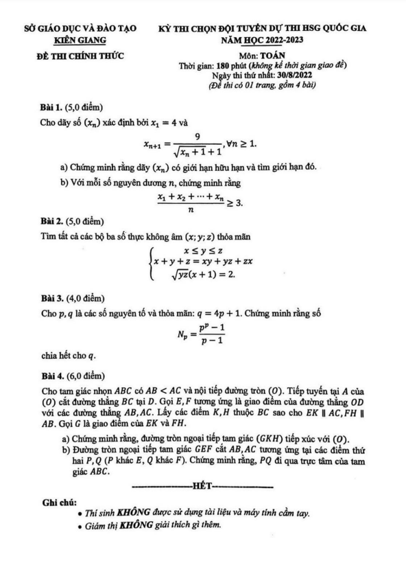 Đề chọn đội tuyển thi HSG QG môn Toán năm 2022 – 2023 sở GD&ĐT Kiên Giang