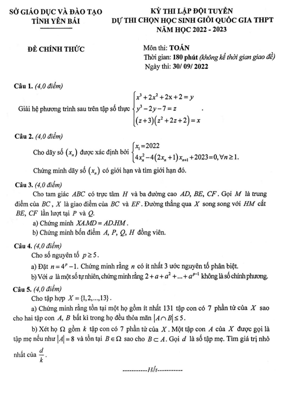 Đề chọn đội tuyển thi HSG QG môn Toán năm 2022 – 2023 sở GD&ĐT Yên Bái