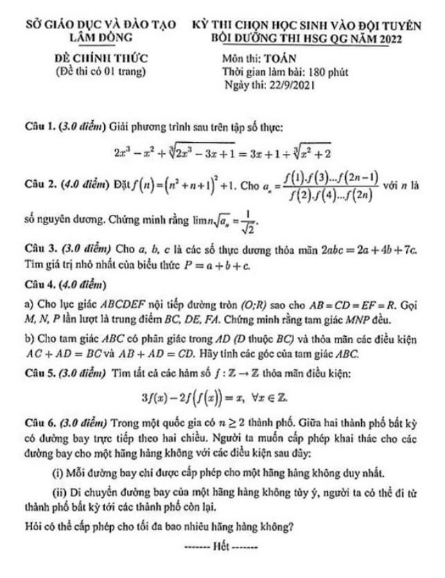 Đề chọn đội tuyển thi HSG QG môn Toán năm 2022 sở GD&ĐT Lâm Đồng