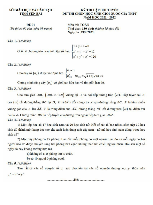 Đề chọn đội tuyển thi HSG QG môn Toán năm 2022 sở GD&ĐT Yên Bái