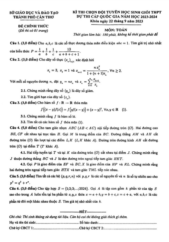 Đề chọn đội tuyển thi HSG QG môn Toán năm 2023 – 2024 sở GD&ĐT Cần Thơ