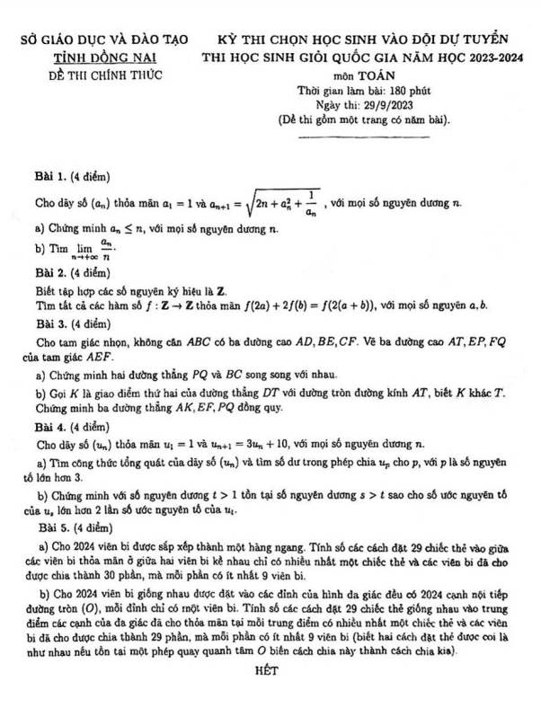 Đề chọn đội tuyển thi HSG QG môn Toán năm 2023 – 2024 sở GD&ĐT Đồng Nai