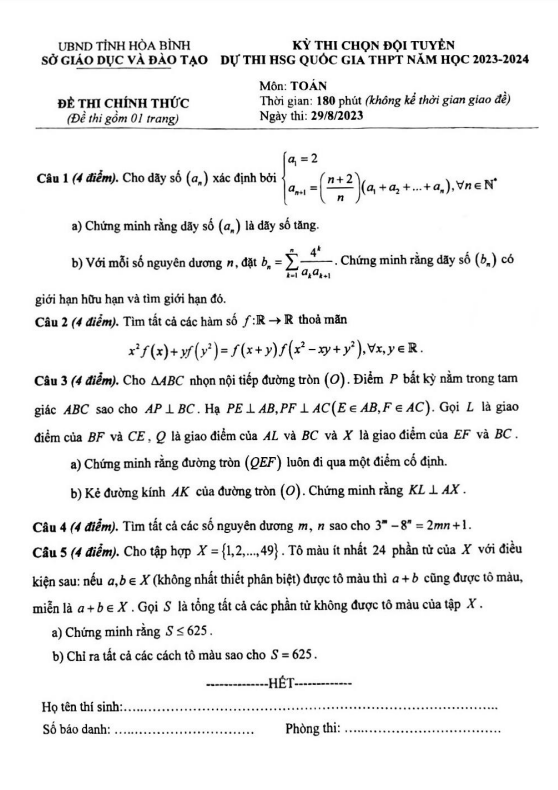 Đề chọn đội tuyển thi HSG QG môn Toán năm 2023 – 2024 sở GD&ĐT Hòa Bình